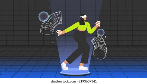 Metaverse entertainment. Flat vector illustration with woman wearing virtual reality glasses and VR headsets, interacting and exploring a virtual world. Concept of future innovations.