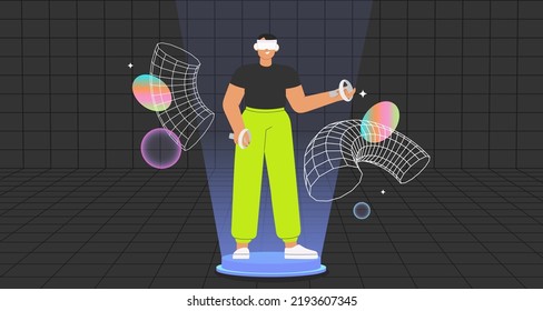 Metaverse entertainment. Flat vector illustration with male character wearing virtual reality glasses and VR headsets, interacting and  creating a virtual world. Concept of future innovations.