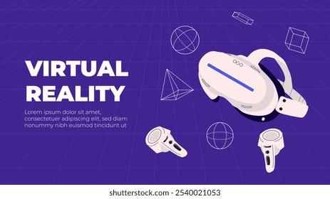 Entretenimiento metaverso. Gafas de realidad virtual de Ilustración vectorial plana y auriculares de realidad virtual que interactúan y exploran un mundo virtual. Concepto de futuras innovaciones. Invitación, folleto, Anuncio, folleto