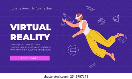 Entretenimiento metaverso. Ilustración vectorial plana con la mujer en gafas de la realidad virtual y auriculares de VR Concepto de innovaciones futuras y de tecnologías modernas Anuncio futurista del cartel para el Sitio web