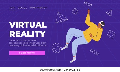 Entretenimiento metaverso. Ilustración vectorial plana con el hombre en gafas de la realidad virtual y auriculares de VR Concepto de innovaciones futuras y de tecnologías modernas Anuncio futurista del cartel para el Sitio web