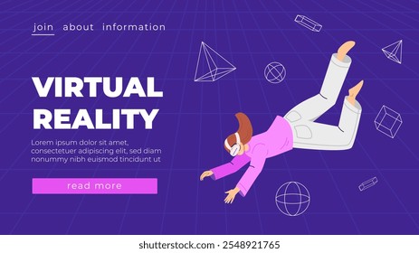 Entretenimiento metaverso. Ilustración vectorial plana con la mujer en gafas de la realidad virtual y auriculares de VR Concepto de innovaciones futuras y de tecnologías modernas Anuncio futurista del cartel para el Sitio web