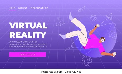 Entretenimiento metaverso. Ilustración vectorial plana con el hombre en gafas de la realidad virtual y auriculares de VR Concepto de innovaciones futuras y de tecnologías modernas Anuncio futurista del cartel para el Sitio web