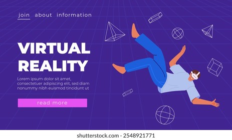 Entretenimiento metaverso. Ilustración vectorial plana con el hombre en gafas de la realidad virtual y auriculares de VR Concepto de innovaciones futuras y de tecnologías modernas Anuncio futurista del cartel para el Sitio web