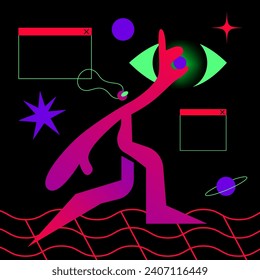 Metaverse entertainment. Mixed reality. Digital virtual reality technology. Woman wearing a VR headset connected to virtual space. Flat vector illustration.