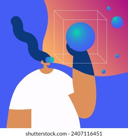 Entretenimiento metaverso. Tecnología de realidad virtual digital. Niña con un auricular VR conectado al espacio virtual. Ilustración vectorial plana.