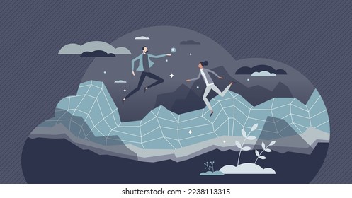 Metaverse experience with augmented reality technology tiny person concept. Online entertainment flying simulation with AI characters vector illustration. Digital meta universe cyberspace platform.
