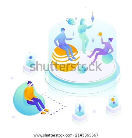 Metaverse experience vector. People creating limitless virtual reality map. Futuristic universe and space environment development. Users using online vr headphones for connection
