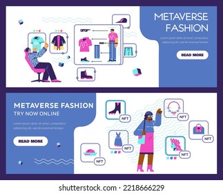 Metaverse fashion banners set, flat vector illustration. People in VR glasses buying and trying on new clothes in virtual reality. Futuristic shopping in augmented reality.