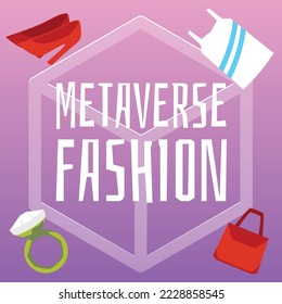 Metaverse fashion and shopping poster template, flat vector illustration. Concept of shopping and buying clothes in virtual reality. Shoes, ring, purse and shirt in cyberspace.