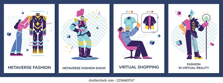 Metaverse fashion show and virtual reality posters set, flat vector illustration. People try on and buy new clothes in VR glasses. Model on stage during fashion show. Futuristic technologies concept.