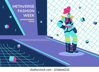 Metaverse fashion week show, flat vector illustration. Woman in futuristic clothes walks the runway in virtual reality. Catwalk model on podium or stage. Concepts of VR and futuristic technologies.