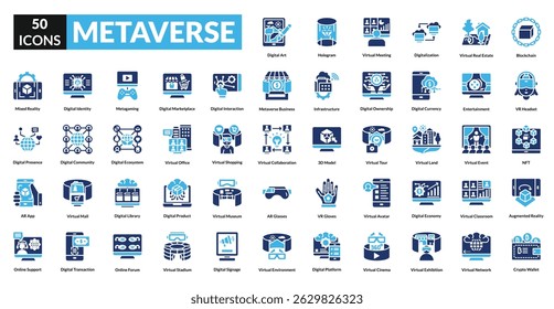 Metaverse fill icon collection set. Includes vr, ar, avatar, blockchain, virtual, reality, headset, nft, cyberspace, immersive, digital, universe, gaming, simulation, interaction