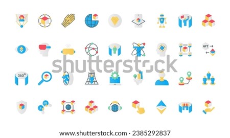 Metaverse flat icons set vector illustration. Pictograms of VR glasses for virtual world simulation with 360 round view, innovation headset for video game, blockchain and NFT symbols.