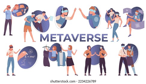 Metaverse conjunto plano de personas que realizan diversas actividades usando audífonos de realidad aumentada ilustración vectorial aislada