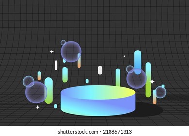 Metaverse. Flat vector background in vaporwave style and neon geometric elements. Concept of virtual reality. 