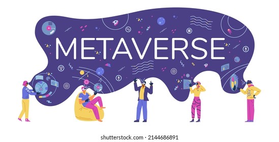 Metaverse flat vector horizontal banner. Different people in VR headsets in same cyberspace filled with abstract objects, holograms and cryptocurrency icons.