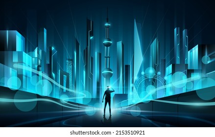 Metaverse Future Blue Cityscape Perspective View, Metaverse Technology World Concept, Vector Illustration