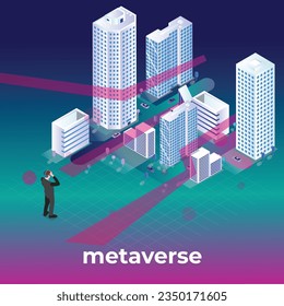 Metaverse future cityscape perspective view isometric 3d vector concept for banner, website, illustration, landing page, etc