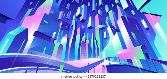 Metaverse future cityscape with skyscrapers, perspective view. Night city street with neon glow buildings and road. Megalopolis in darkness. Urban architecture vector panoramic flat illustration.