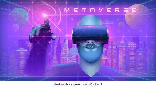 Metaverse visión de futuro. Carácter masculino usando dispositivo de realidad virtual, concepto de ilustración metaverso. Realidad virtual o simulación del mundo de la realidad aumentada. Entretenimiento digital para ordenadores.