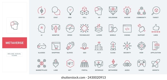 Metaverse, future world experience in virtual reality line icons set. Futuristic simulation on interactive hologram, crypto security and AR glasses thin black and red symbols vector illustration