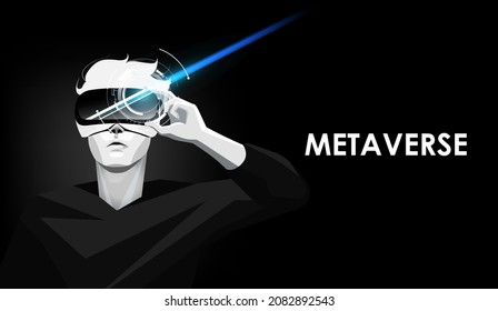 Metaverse futuristic cyber world technology, Man holding virtual reality glasses, vector illustration.