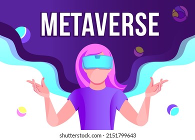 Metaverse futuristic cyber world technology. Woman in virtual reality glasses. Meta universe banner with space elements. Editable vector illustration.