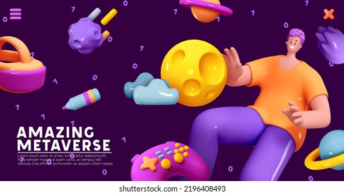 Metaverse Futuristic Games in outer space. Virtual Reality Man Gamer. Concept of realistic 3d cartoon style character. Happy people positive emotion. Human happiness smile on face. vector illustration