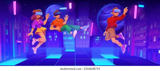 Metaverse game for character in glasses vector background. Vr p2e future technology for gamer man and girl. People in virtual reality with neon light cityscape experience cartoon cyber illustration.