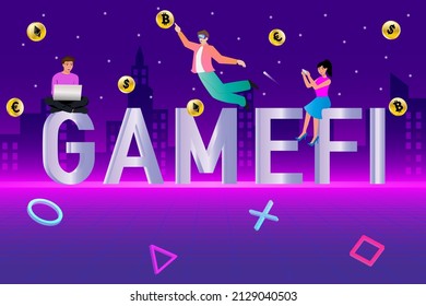 Metaverse, Game Finance technology. People playing online games with laptop, smartphone and vr goggles. GameFi design with cyber neon backgrounds.