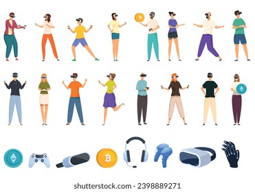 Metaverse, game, p2e icons set cartoon vector. Vr man reality. Person play