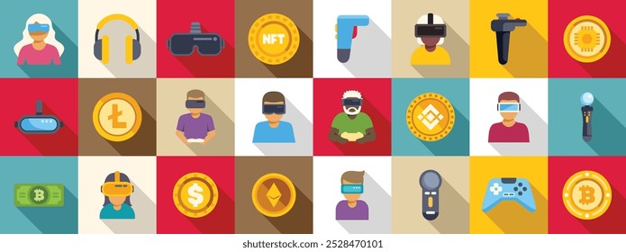 Metaverse game p2e icons set. Set of icons showing people using vr technology and various cryptocurrencies for payments