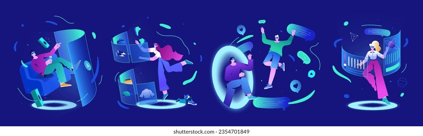 Metaverse game tech vector illustration. People use virtual reality glasses for games, learning, shopping. Man and woman in futuristic interface 3d hologram data. Future innovations, vr communication.