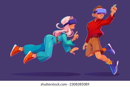 Metaverse game tech vector for man and girl character. Vr and p2e future gamer technology with glasses concept. Abstract virtual reality icon with woman play online cartoon isolated illustration.