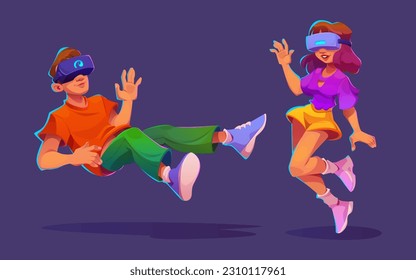 Metaverse vector tecnológico del juego para el hombre y la niña. Vr y p2e tecnología de futuro jugador con concepto de gafas. Resumen icono de la realidad virtual con la mujer que toca caricatura en línea ilustraciones aisladas.