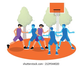 Metaverse game vector concept. Group of young men wearing VR goggles while playing basketball in the metaverse