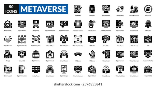 Metaverse glyph icon collection set. Includes vr, ar, avatar, blockchain, virtual, reality, headset, nft, cyberspace, immersive, digital, universe, gaming, simulation, interaction