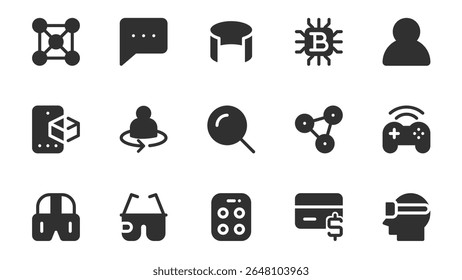 Pacote de ícones de glifo metaverso para web design. Sólido ícone definido com ciberespaço, conexão on-line, simulação, computador, avatar, bitcoin, jogo cibernético, óculos vr e mais pictogramas. Ilustração vetorial.