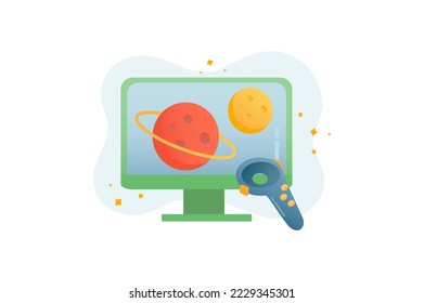 Metaverse gradient icons concept scene in the flat cartoon style. Computer, gamepad and other gadgets with which you can get into the metaverse. Vector illustration.
