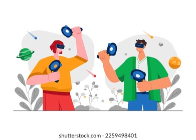 Metaverse el concepto gris con la escena de la gente en el estilo de dibujo plano. Dos amigos juegan juegos de computadora en el espacio virtual usando lentes de VR. Ilustración vectorial.