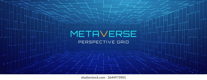 Plano de fundo da grade metaversa no espaço 3D com perspectiva profunda e estrutura de linha. A sala da caixa e a matriz de arames formam um cubo VR. Túnel futuro abstrato no ciberespaço digital.