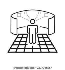 Metaverse, human stand on virtual reality monitor, isolated line icon
