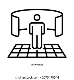 Metaverse Icon. Human Stand With Virtual Monitor. Outline Style. Vector. Isolate On White Background.