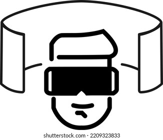 Metaverse icon. Human with VR Glasses in front of a virtual monitor. Outline isolated vector