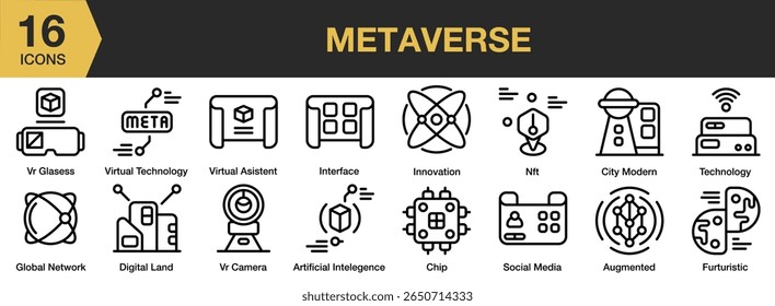 Metaverse icon set. Includes technology, digital, metaverse, futuristic, virtual, and More. Outline icons vector collection.