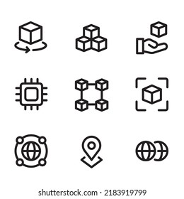 Metaverse icon set. Thin line icons on white background, such as VR, AR, computing technology, cryptocurrency and editable strokes.