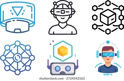 Metaverse Icons Set for Virtual World, Digital Avatars, Web3, Blockchain, VR AR Technology and Future Online Interaction Design