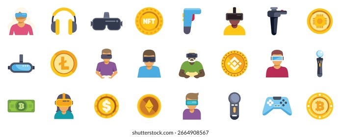 Iconos metaversos que muestran a las personas usando auriculares vr e interactuando con criptomonedas como bitcoin y ethereum