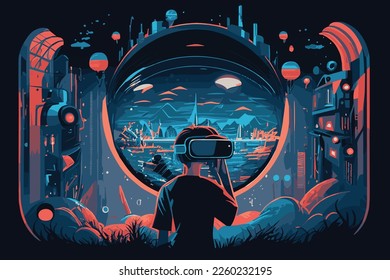 la ilustración metaversa con una puerta abierta a otro universo. Una chica con gafas de realidad virtual. 